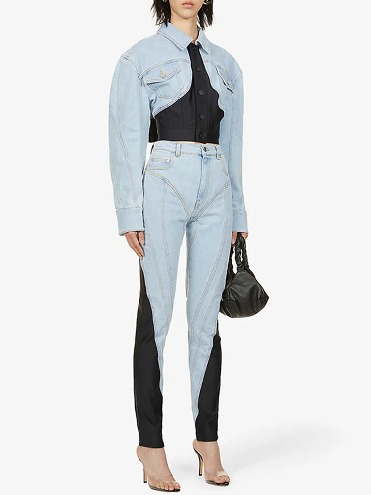 

MUGLER Women's Denim Set Long Sleeve Collar Patchwork American Retro Style Commute Fashion Polyester Cotton Blend Short Coat