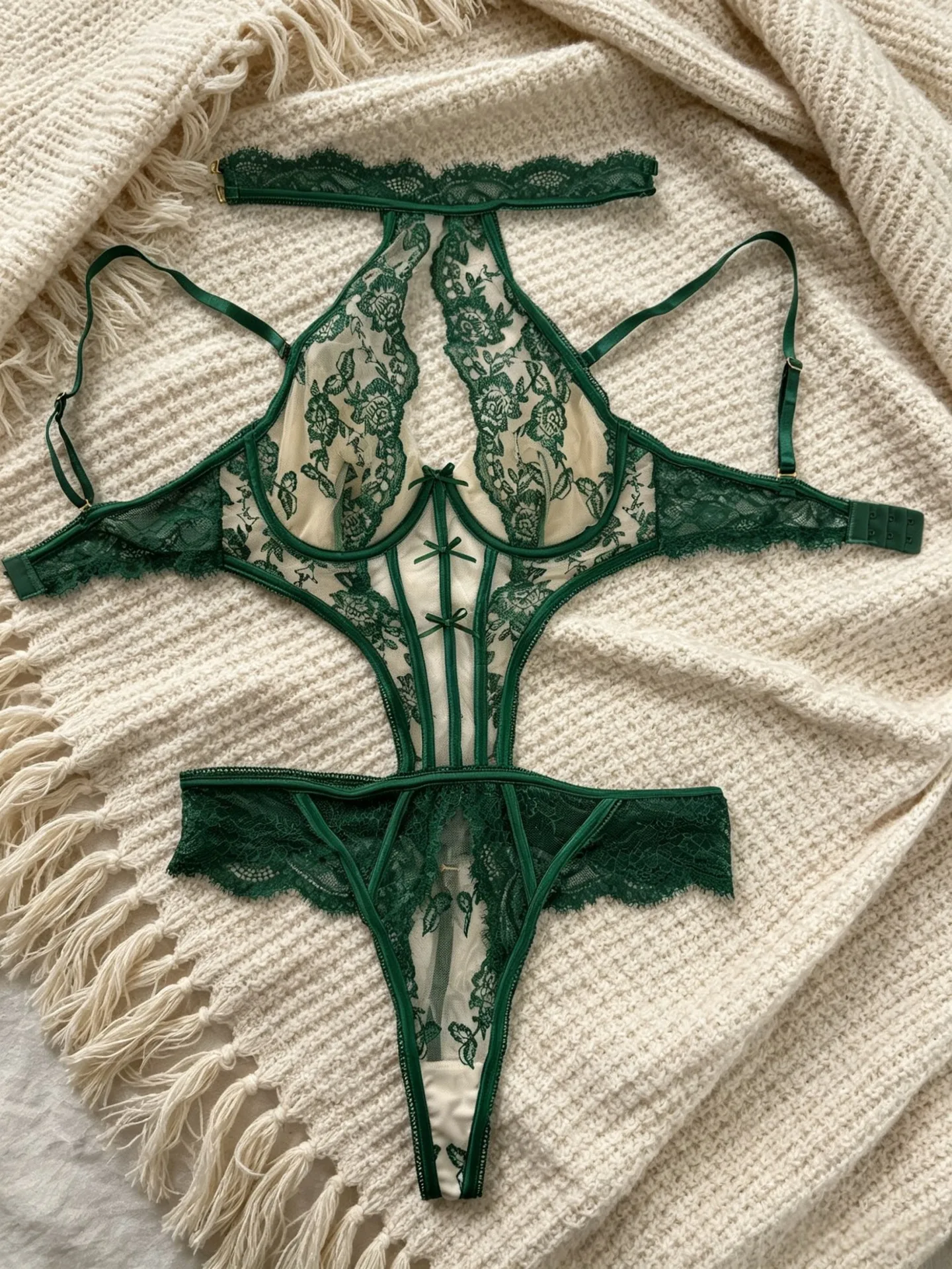 Ellolace Verführerischer Bodysuit für Damen: Spitzen-Body mit Stickerei, Tanga, abnehmbaren Trägern und Neckholder-Design – Transparente Unterwäsche