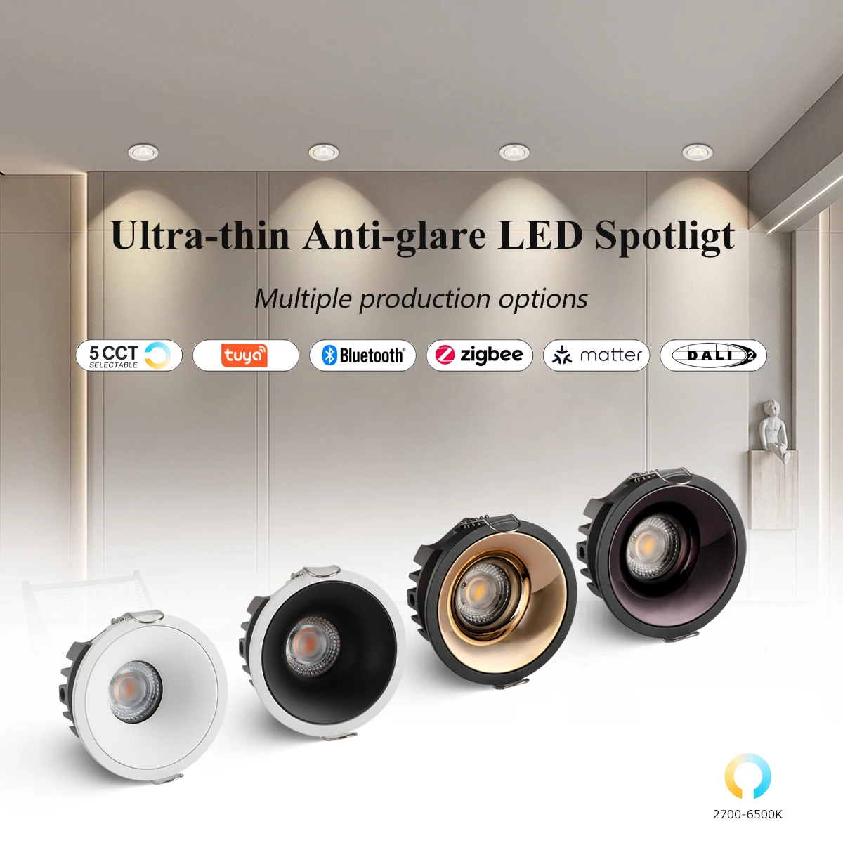 

Recessed Zigbee DALI 5 CCT Selectable LED Spot Light Black White Rose Gold Bedroom Living Room Kitchen Anti-glare Ceiling Lamp