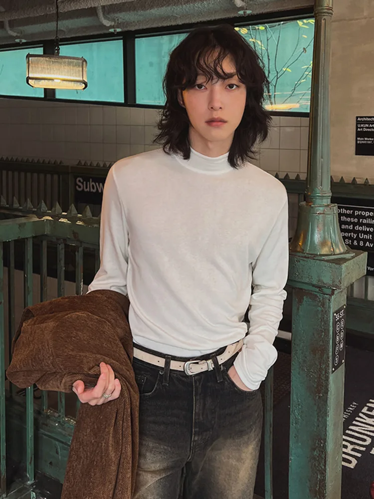 

SYUHGFA 2025, зимние мужские футболки с длинными рукавами в корейском стиле, однотонные повседневные хлопковые пуловеры с воротником-стойкой, свободные мужские футболки