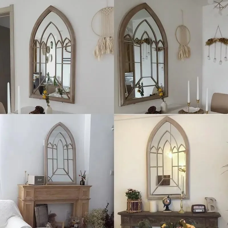 61x112cm French Country Vintage Metal Wall Hanging Mirror False Window Decoration for Restaurant Fireplace Home Decor