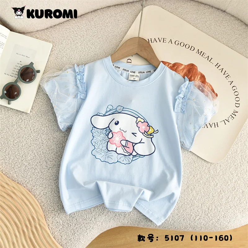 Sanrios Kids Short Sleeve Anime Kawaii Cinnamoroll Kuromi Girls T-Shirt Cute My Melody Cartoon Printed Tops Summer Kids Clothes