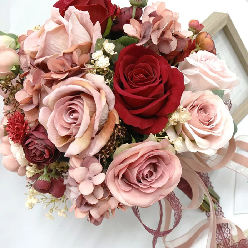 

Bridal Bouquet Home Floral Business Event Wedding Red Pink Simulated Flower Bundle Bridal Handheld Flowers 586