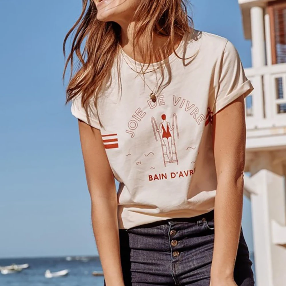 روان 5C149 السباحة فتاة رسالة الجرافيك طباعة المرأة تي شيرت الصيف قصيرة الأكمام سيدة البلوز الكلاسيكية عادية خمر فام #1