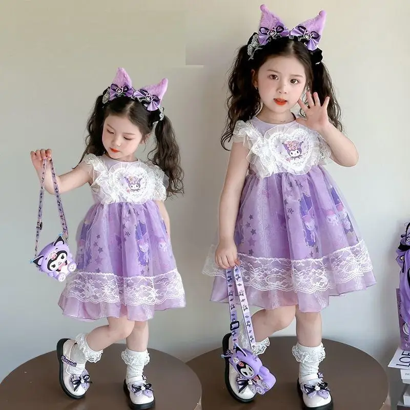 

sanrio girl cartoon dress Kuromi children mesh lace skirt fashion kawaii Western style NEW party perform clothing Girl's Gift