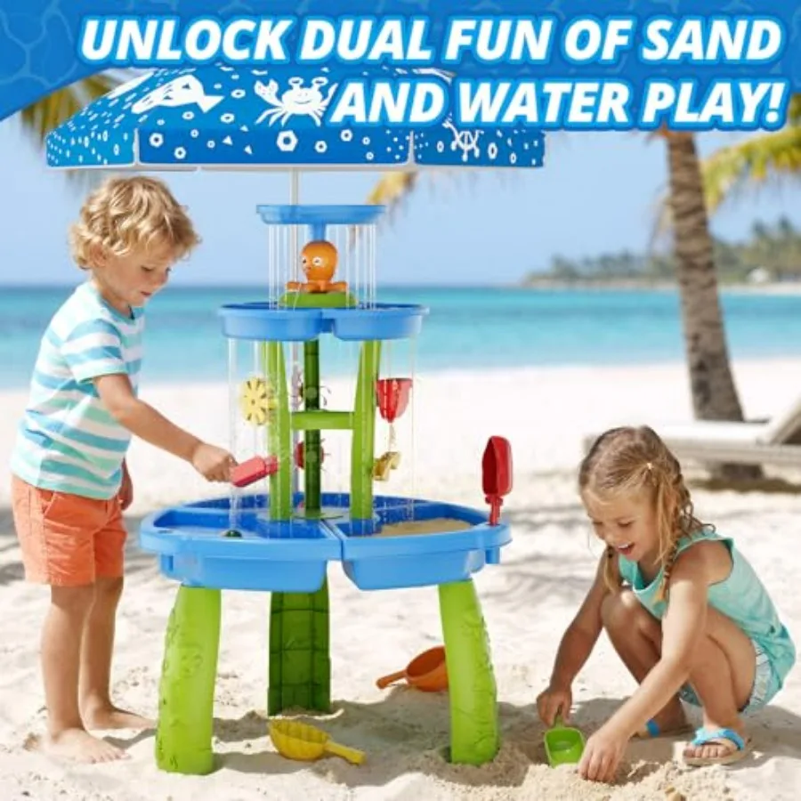 Water Table for Toddlers 3-5, 3-Tier 6 Zones Water Sand Table with Umbrella, Rain Showers Splash Pond Toys for Outdoor Beach Ba