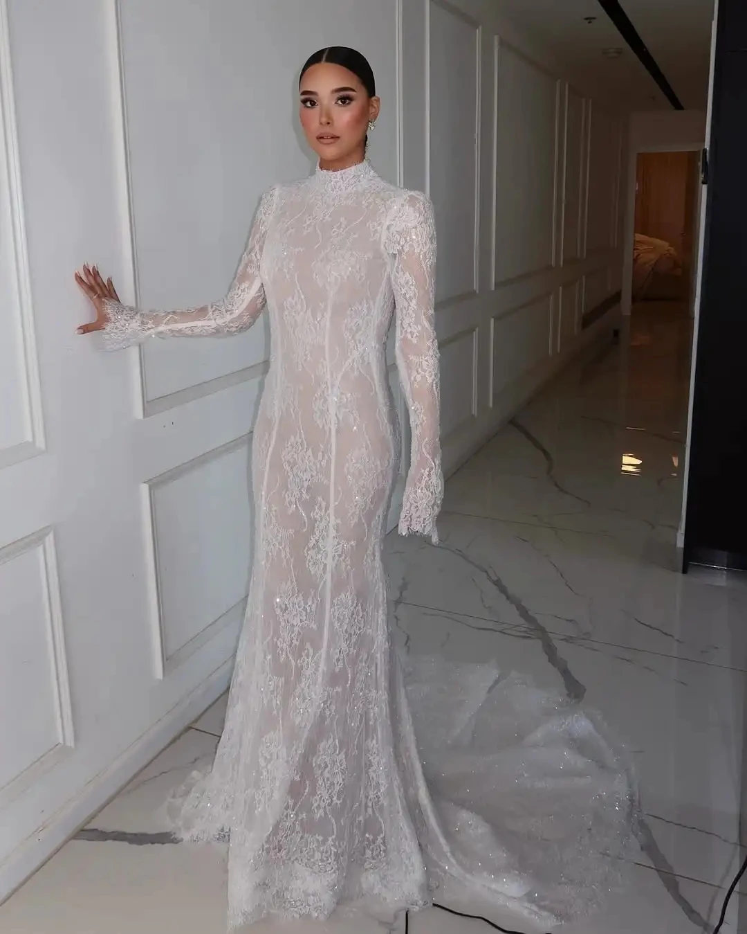 Sexy Boho Wedding Dress High Neck Long Sleeves Full Lace Mermaid Bridal Bride Party Gowns Robe De Mariage
