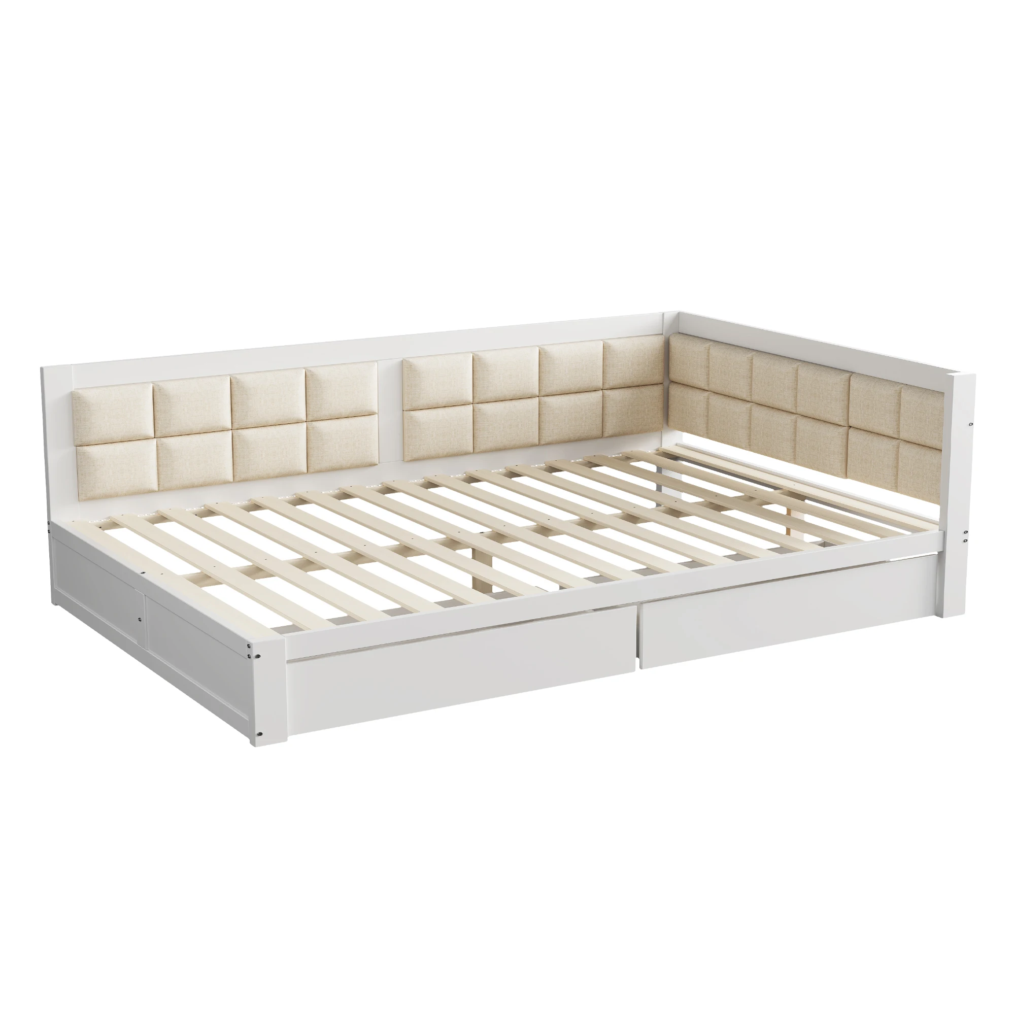 140x200 Multi-function Bed Sofa Wooden Bed Soft Backrest Shape Large Storage drawers Slatted