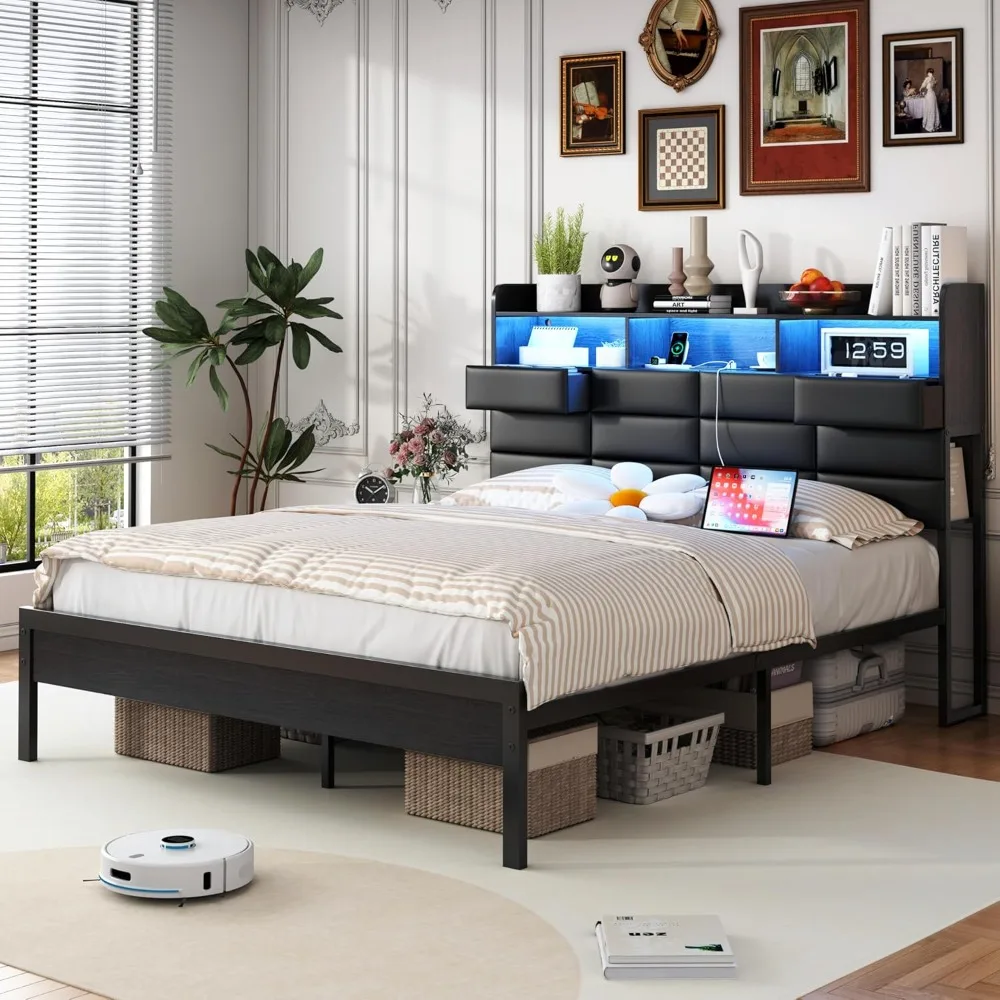 

King Size Black Bed Frame with 2 Storage Drawers and Charging Station, Upholstered Bed Frame with PU Leather Headboard LED Light