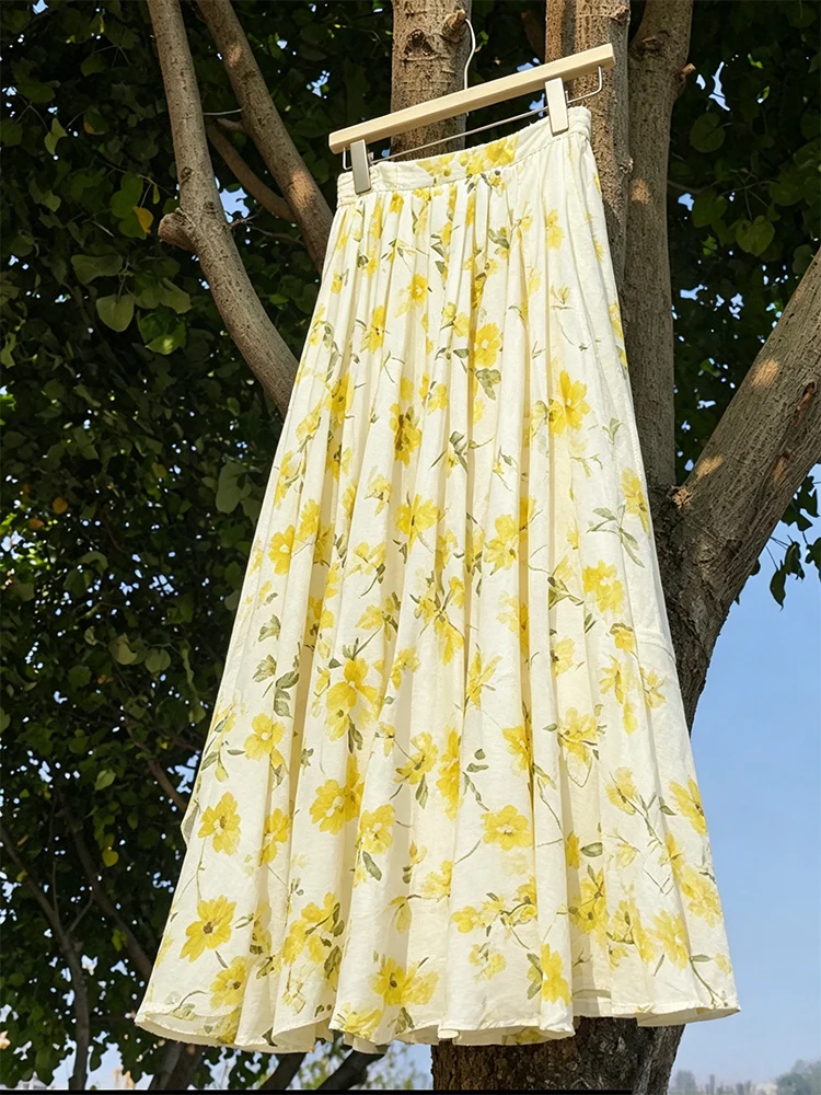 Dopamine Boosting Yellow Floral Print High Waist A-Line  Skirt Women's Summer New Style Unique Design Gentle Long Skirt