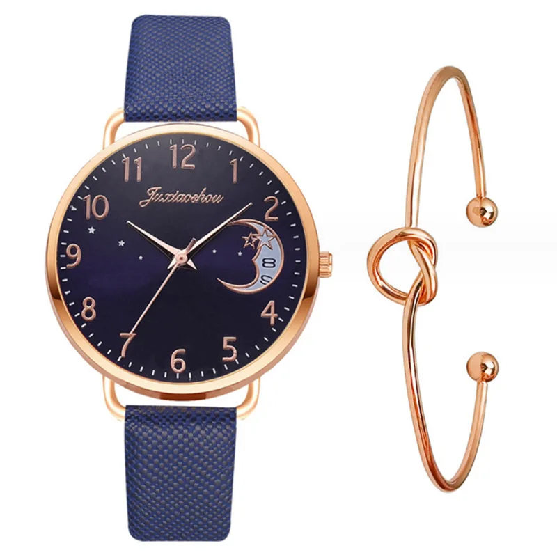 New Women's Personalized Bracelet Combination Set Moon Pattern Digital dial 2pcs Fashion Quartz Women's Watch