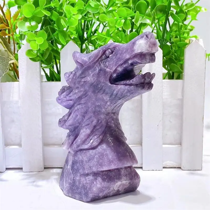 12CM Natural Purple Mica Wolf Head Crystal Animal Carving Crafts Powerful Animal Decorative Ornaments Birthday Present 1pcs