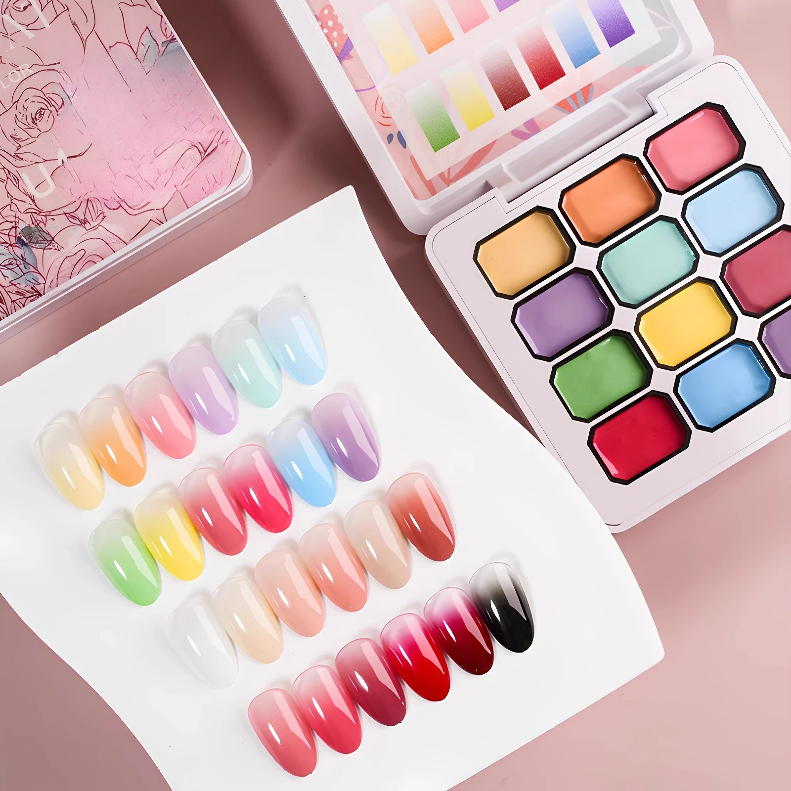 

12Grids Semi-Solid Nail Pat Painting Gel Palette Gradient Blush Effect Gel Polish Semi Permanent Soak Off UV Nail Gel Varnishes