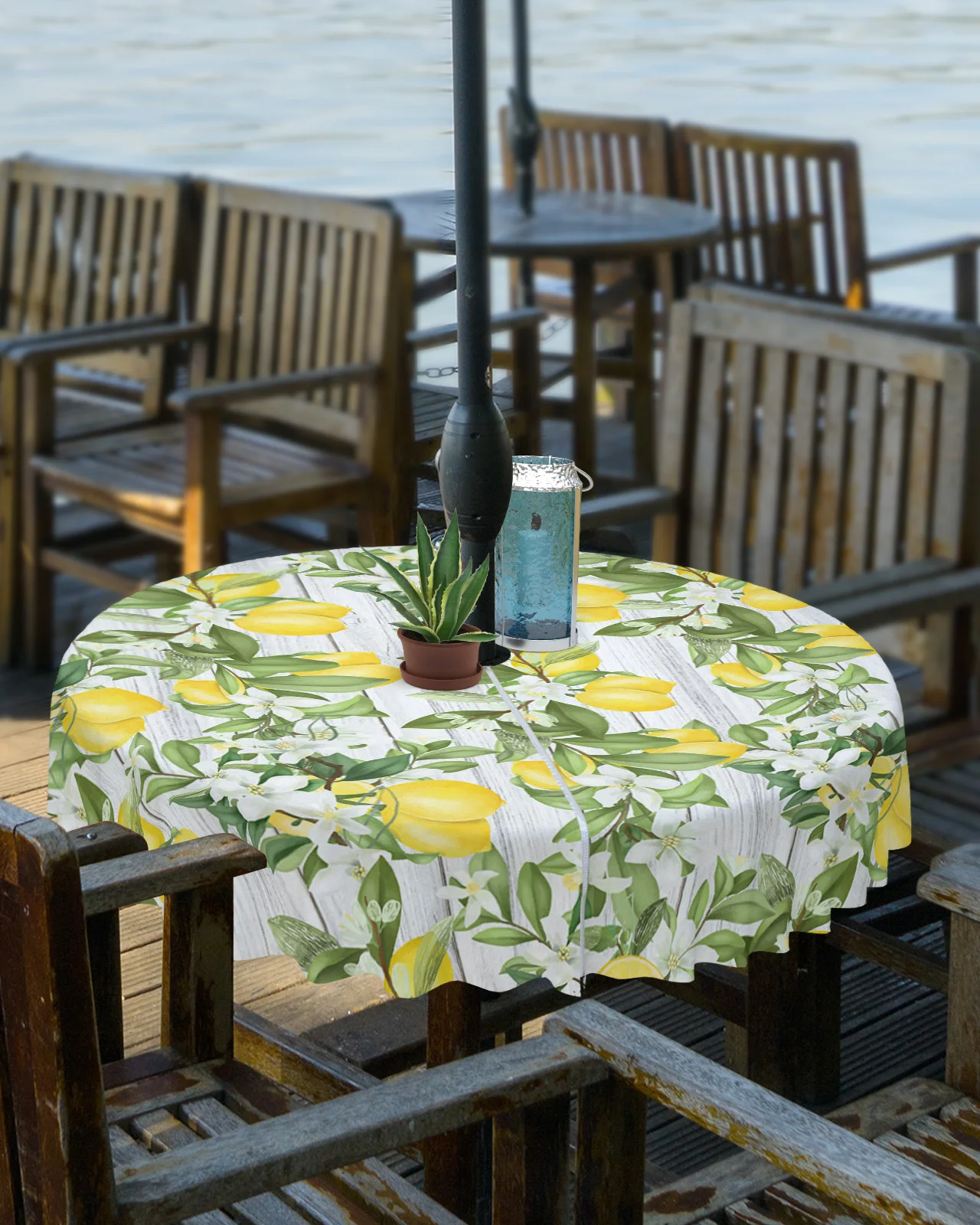 Lemon Leaf Flower White Wood Grain Outdoor Tablecloth with Umbrella Hole Zippered Waterproof Picnic Patio Round Table Cover