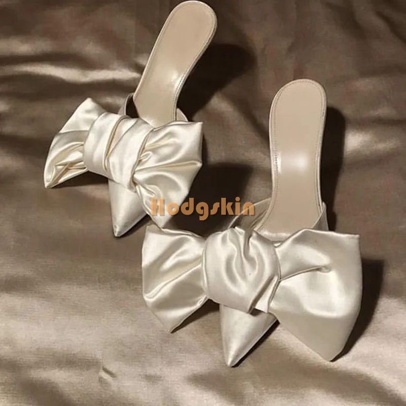 Silk Butterfly-knot Stiletto Slippers Solid Pointed Toe Pull on Shallow Thin High Heels Sandals Women Elegant Dress Shoes 2024