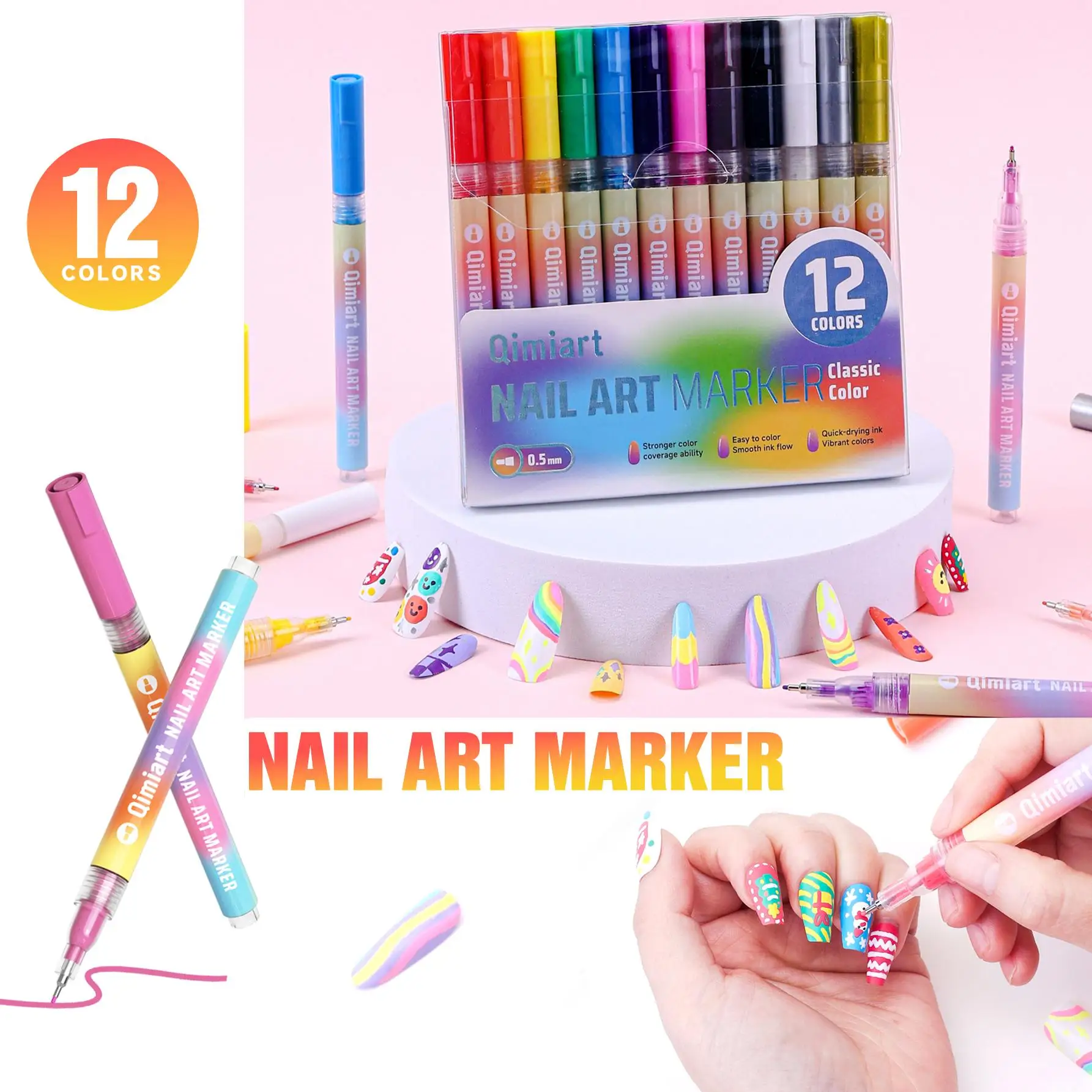 

Langguo 12Pcs/Set 3D Nail Art Acrylic Graffiti Pen Colorful Nail Painting Marker Pen Waterproof Quick-Drying DIY Beauty Nail Art Tools