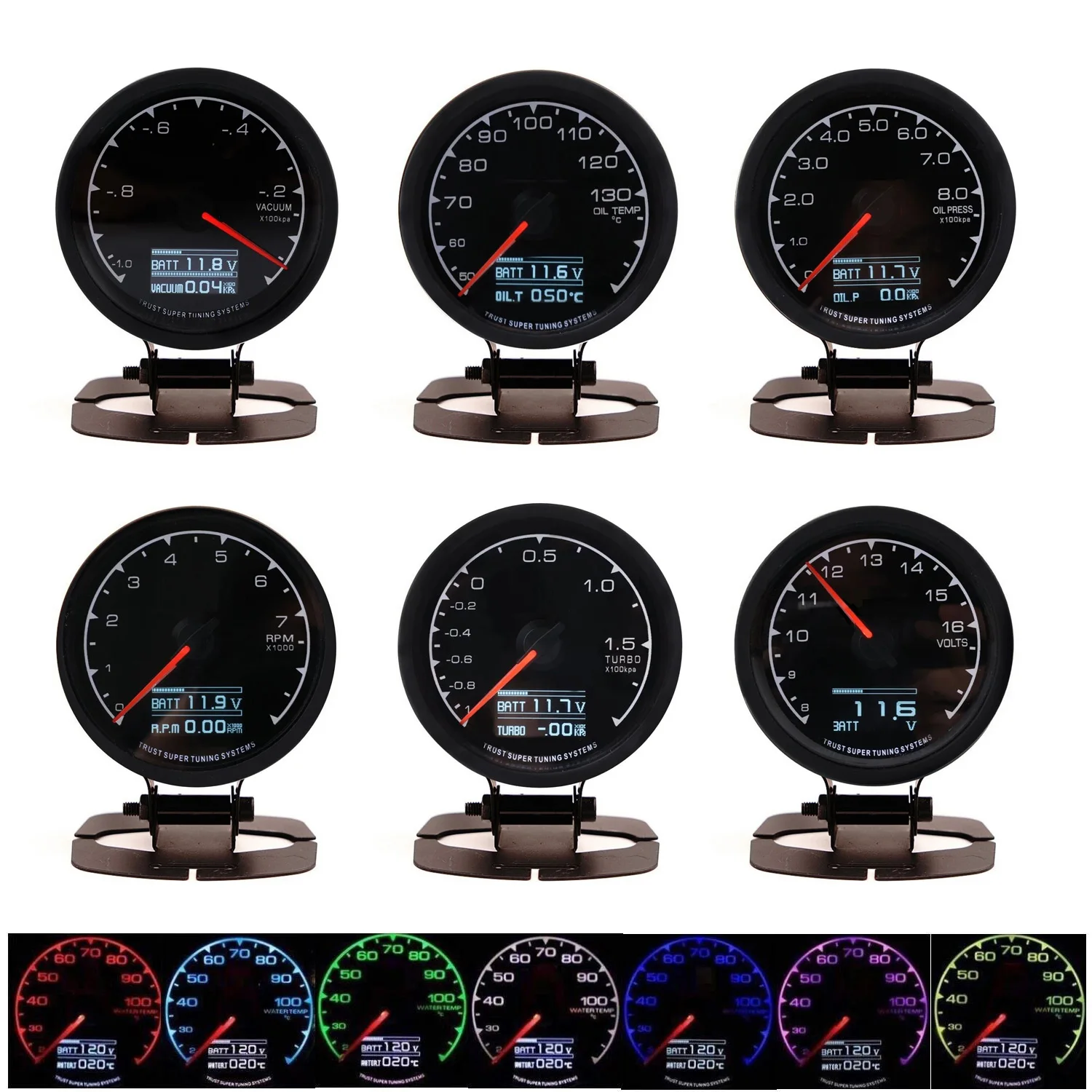 2.5'' 60mm Digital & Pointer Turbo Boost Pressure Oil Temp Oil Pressure Tachometer Voltage Vacuum Gauge 7 Colors LED Meter