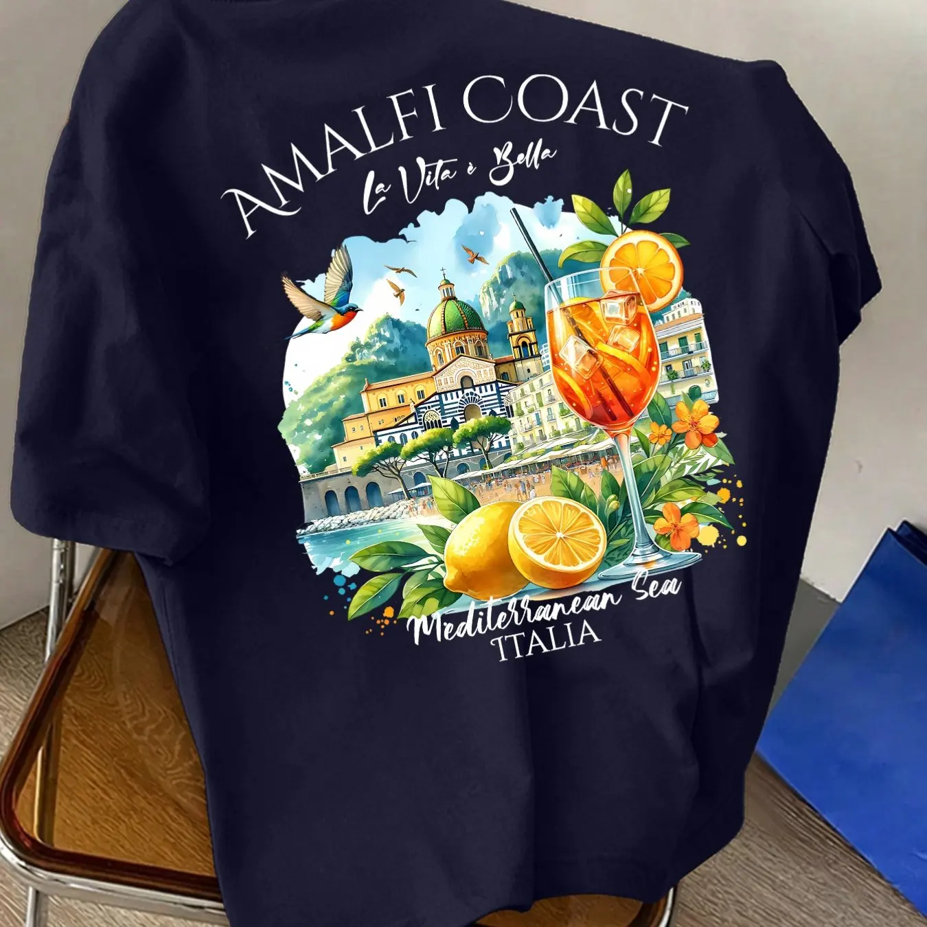 Men's new pure cotton crew-neck short-sleeved t-shirt with Amalfi Coast Italian lemon print, suitable for vacationand casualwear