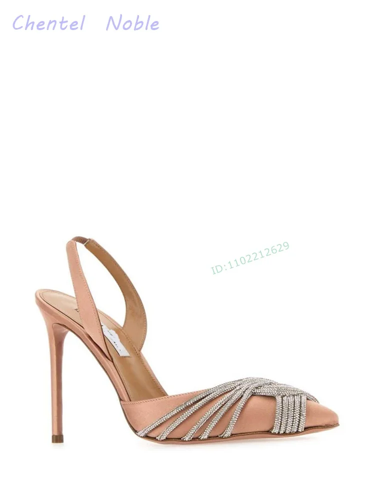 Black Rhinestones Embellished Satin Sandals Ankle Strap Pumps Thin High Heels Pointed Toe Solid Women Stiletto Summer Party
