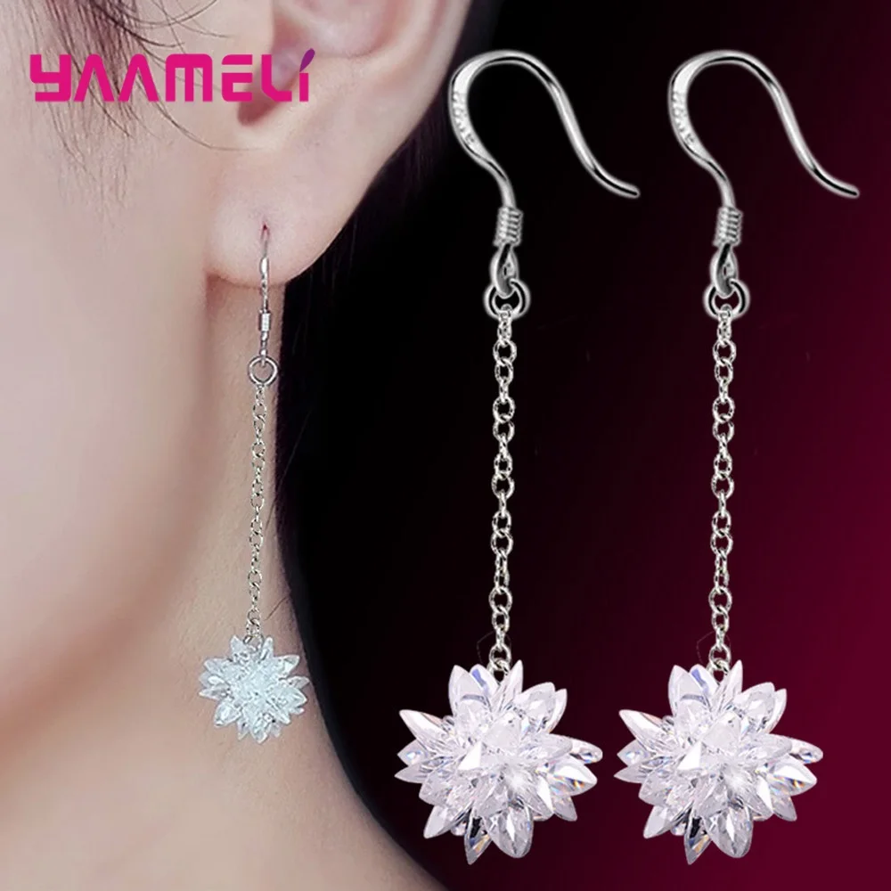 S925 Sterling Silver Jewelry Earrings Pendientes Shining White Cubic Zircon Ice Flower Original Design for Woman Girl Gifts