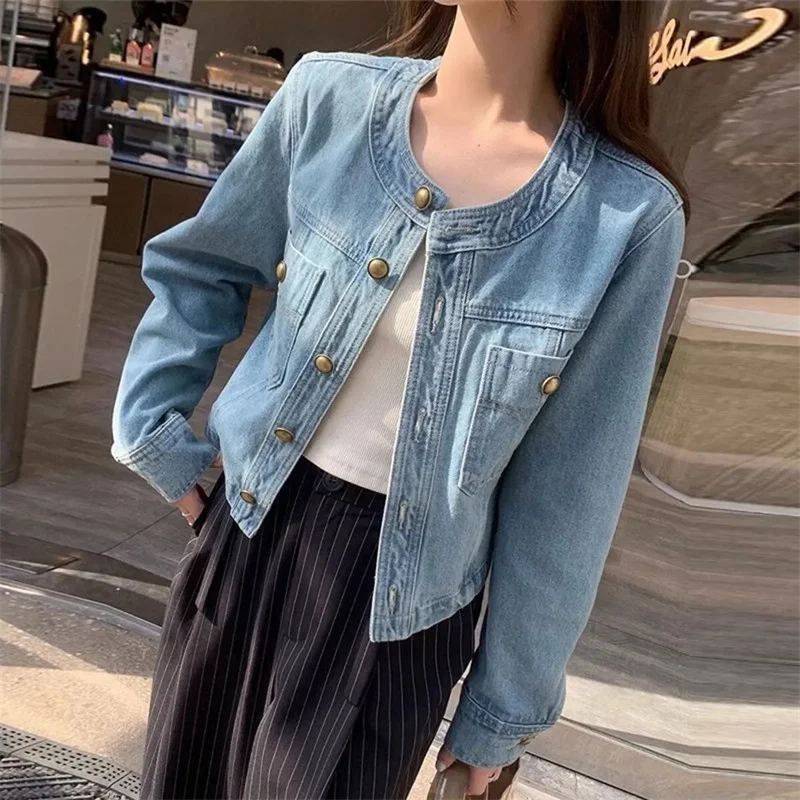 

Plus Size Denim Jacket Women Spring Autumn 2025 New Round Neck Cowboy Coat Loose Short Outwear Temperament Jeans Overwear Female