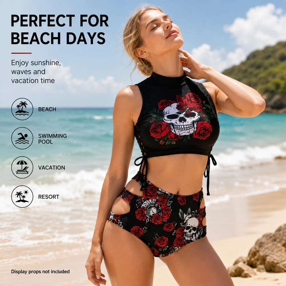 Women Black Skull Rose Bikini Set High Neck Lace Up Top High Waist Cutout Bottom Two Piece Swimsuit Beach Pool Vacation Wear - view 3