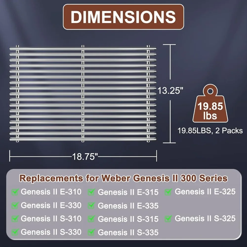 شبكات شواء مقاس 18.75 بوصة 9 مم لـ Weber Genesis II، أجزاء شواية لسلسلة Weber Genesis II LX 300، Genesis II E&S 310 315 320 325 340