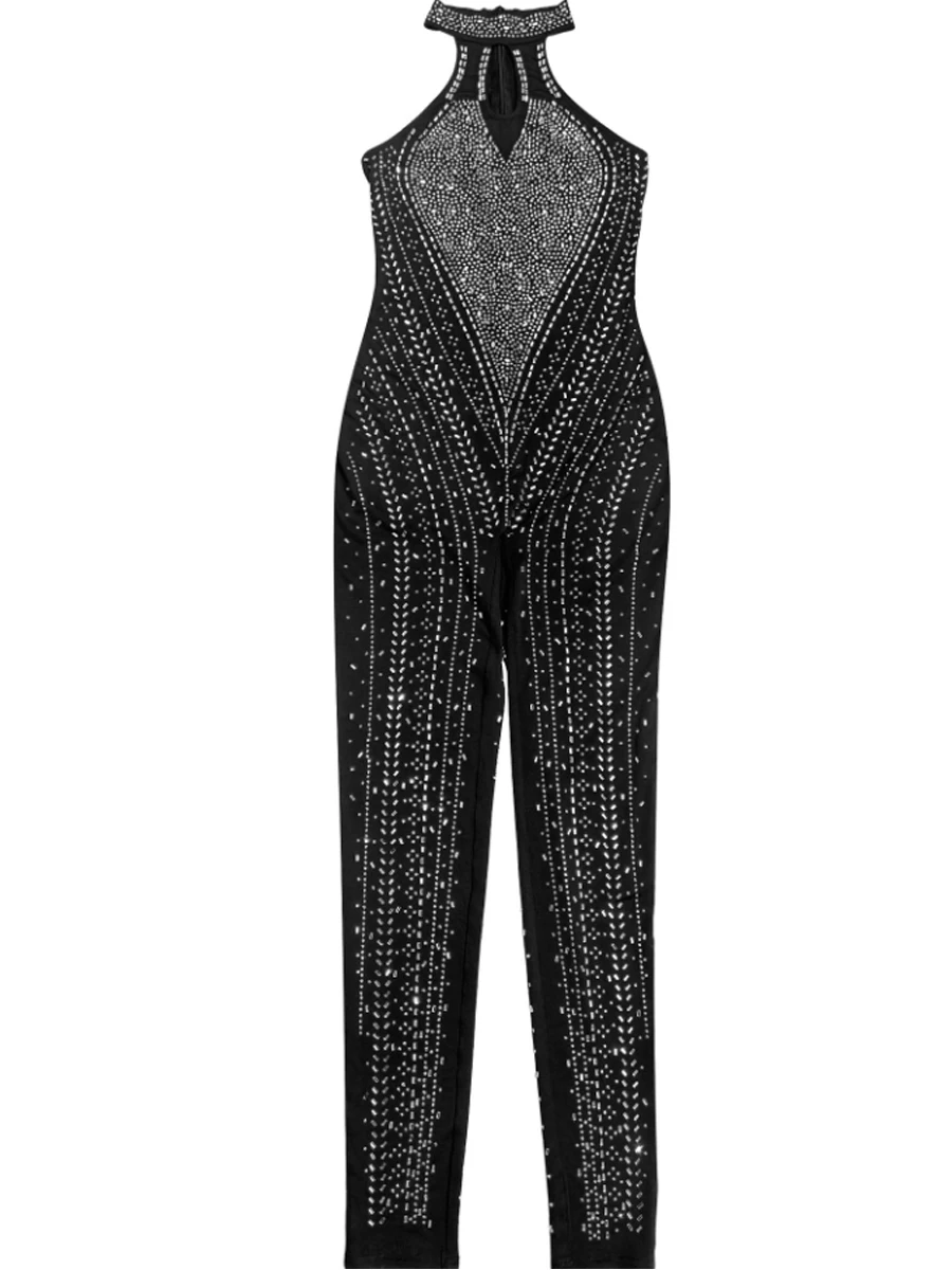 See Through Rompers Sheer Mesh Sleeveless Halter Rhinestone Decor Skinny Jumpsuits