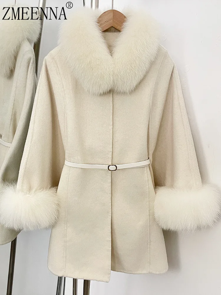

ZMEENNA Womens Elegant Wool Blend Coat With Luxurious Fur Collar And Cuffs Warm Winter Outwear Jacket Belted Fashion ZM4558