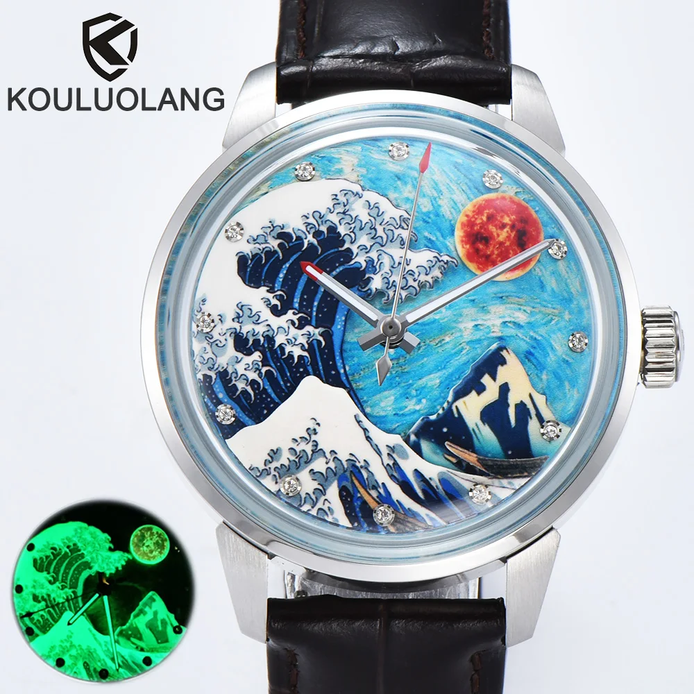 KOULUOLANG 42mm Men's Automatic Watch Great Wave off Kanagawa Watch C3 Luminous 316L Stainless Steel 10bar Waterproof