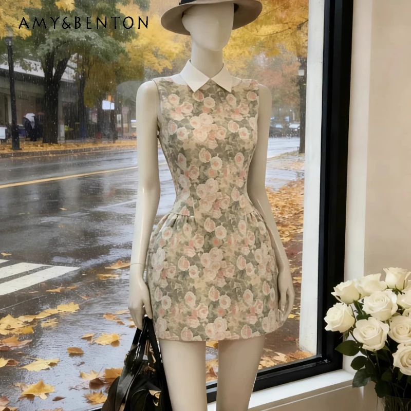 

Retro Design Lapel Floral Women's Dress 2026 Spring Summer New Sweet Temperament Waist-cinching Slimming Short Dresses Ladies