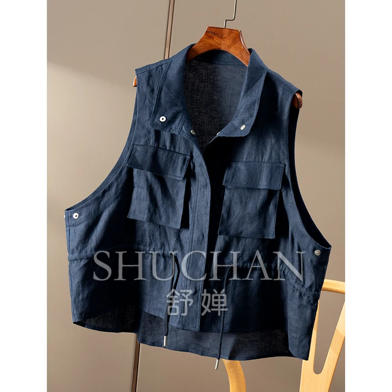 100% Linen Safari Style Drawstring Waist Stand-up Collar Vest Jacket Female 27C2 Vest Women Casaco Feminino