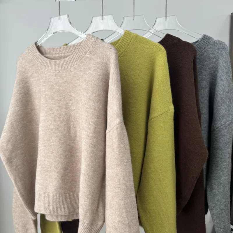 베이직 O넥 기본 소매 스웨터 여성 2025 오버사이즈 숏 니트 풀오버 여성 캐주얼 두꺼운 따뜻한 부드러운 탑