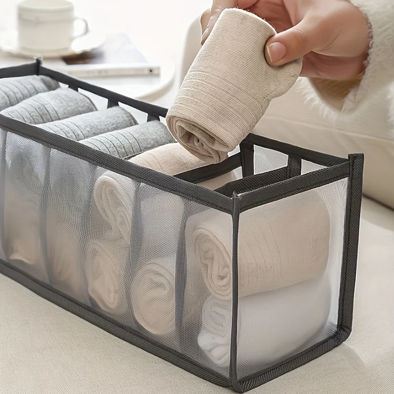 Space-Saving Mesh Socks, Underwear And Belt Organizer - Nylon Drawer Dividers, 7 Compartments, 11 Compartments