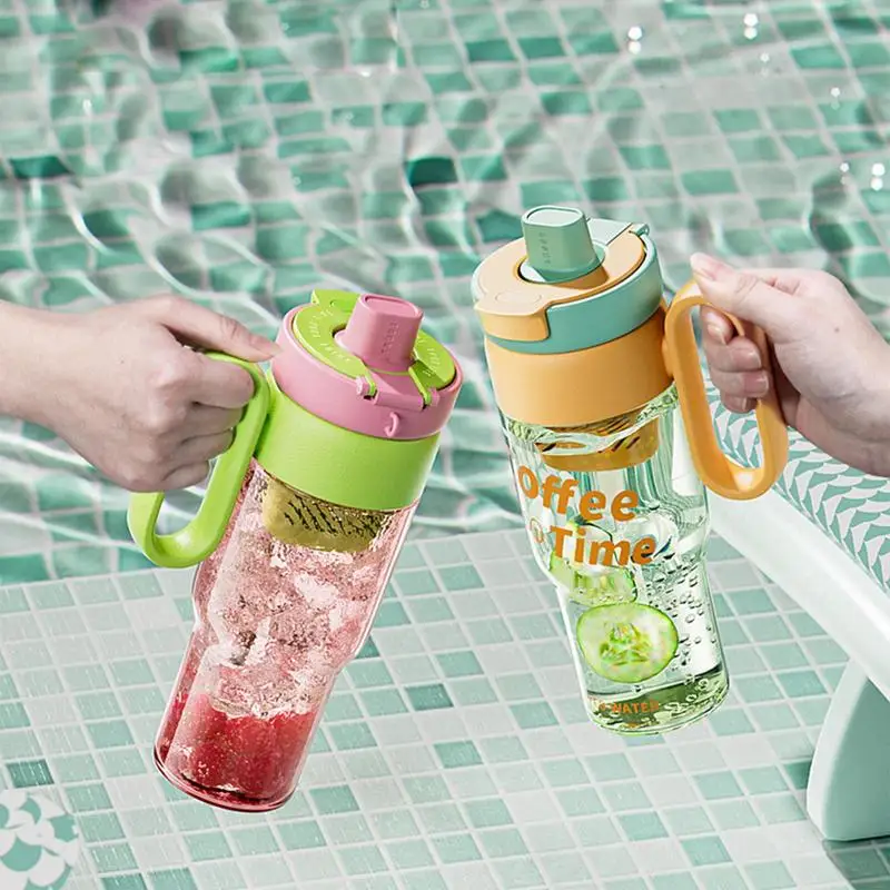 Water Bottle With Lid 850ml Water Canteen With Tea Compartment Leakproof Travel Mug With Handle And Straw For Iced Tea Coffee