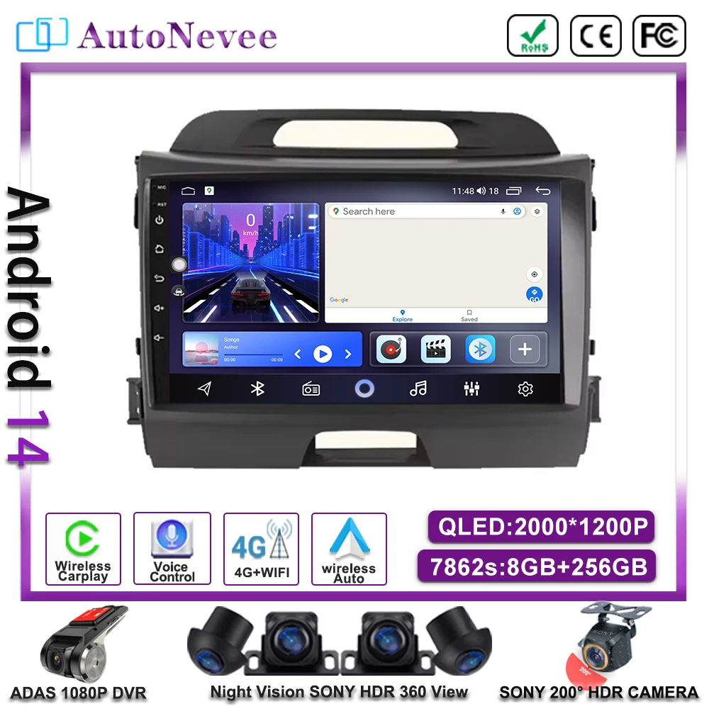 Car Radio Android 14 For Kia Sportage 3 SL 2010-2016 Wireless CarPlay Android Auto DSP Car Multimedia GPS DVR Head Unit NO DVD