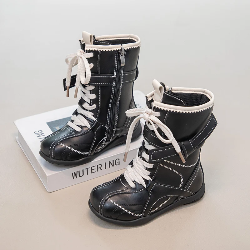 

New Girls Combat Boots Children Shoes Black Suede Leather High Top Lace Up Autumn Winter Girls Ankle Boots Zipper Detail Shoes