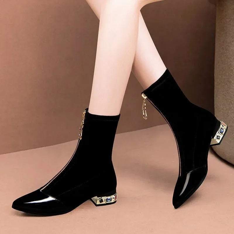 Fashion Women Boots Black Velvet Patent Leather Mid Calf Boots Autumn Thin Booties Designer Front Zipper Square Heel Ankle Boots