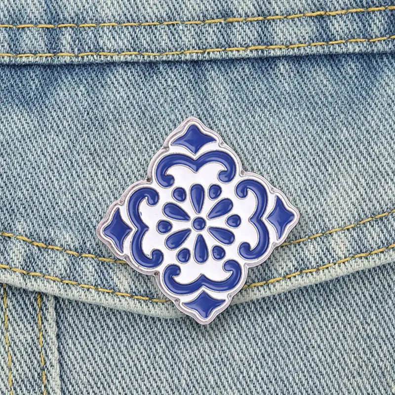 Blue White Mediterranean Enamel Pins Floral Ceramic Pattern Brooch Azulejo Tile Lapel Badge Jewelry Accessory Gifts For Friends
