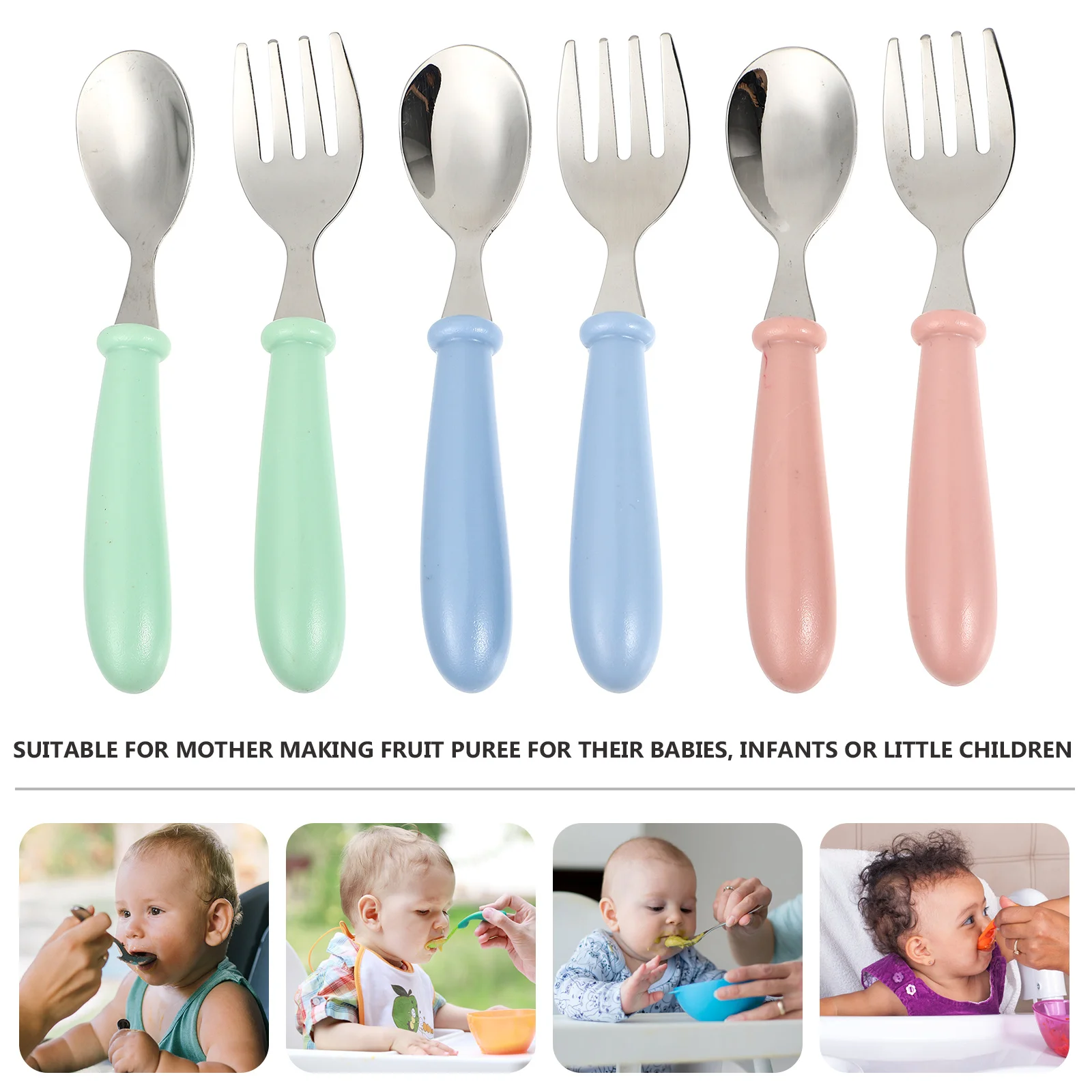 

6Pcs Kids Stainless Steel Spoons Forks Assorted Color Ergonomic Design Lightweight Baby Feeding Tableware Fruit Puree Spoons