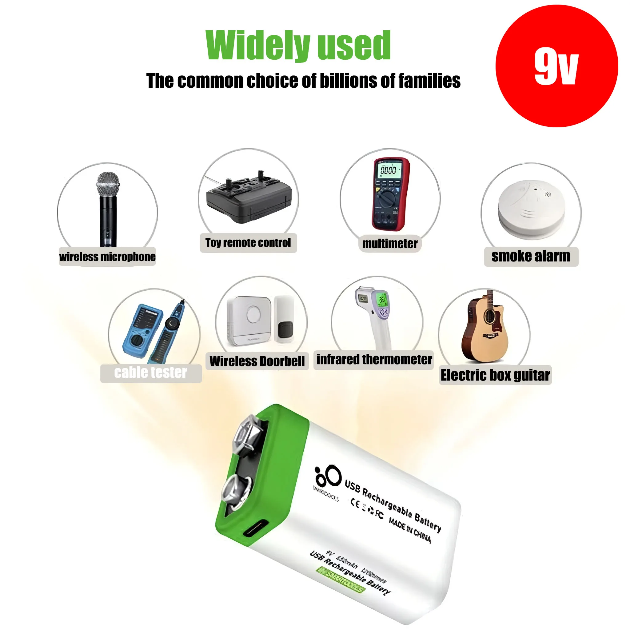 

9V Lithium Ion Battery 650Mah Rechargeable Usb-C Multi-Functional Metal Detectorcable Disassemblydurable Battery for Electronics