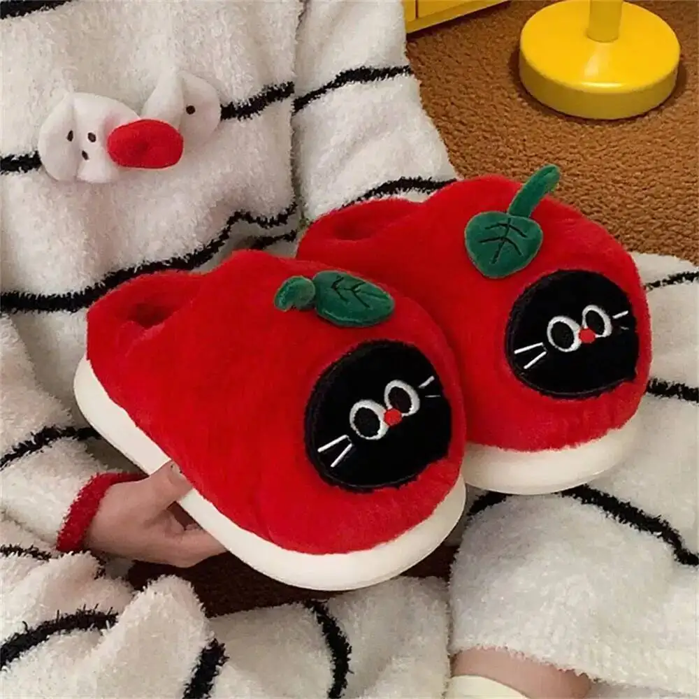 

Women Home Slippers Winter Women's Soft Furry Slippers Cute Red Apple & Cat Design Household Bedroom Non Slip Slippers