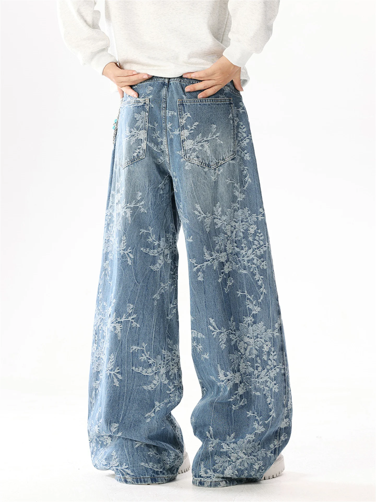 Women's Blue Baggy Y2k Jacquard Jeans Japanese 2000s Style Boyfriend Jean Pants Vintage Harajuku Oversize Denim Trousers Autumn