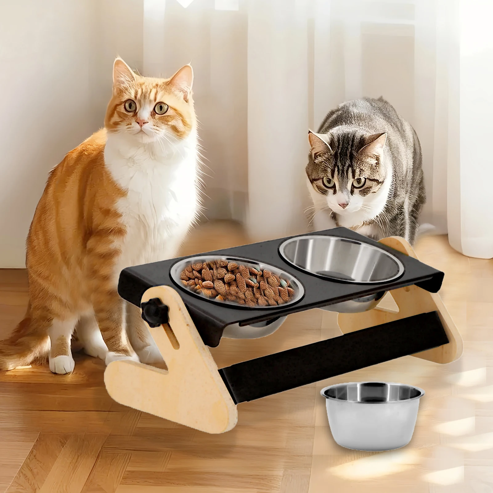 

Iron Cat Bowl Elevated Dog Feeder Pet Food Bowls Height Adjustable with Wood Stand 2 Stainless Steel Bowls for Cats Puppies