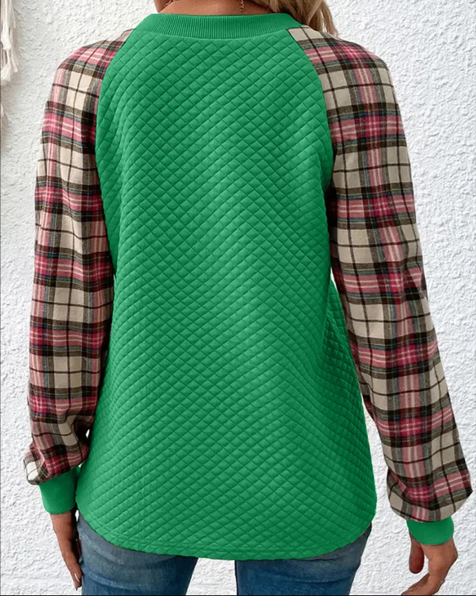 Sweatshirt met geruite print en knoopsluiting aan de voorkant Casual sweatshirt met ronde hals en raglanmouwen Dameskleding