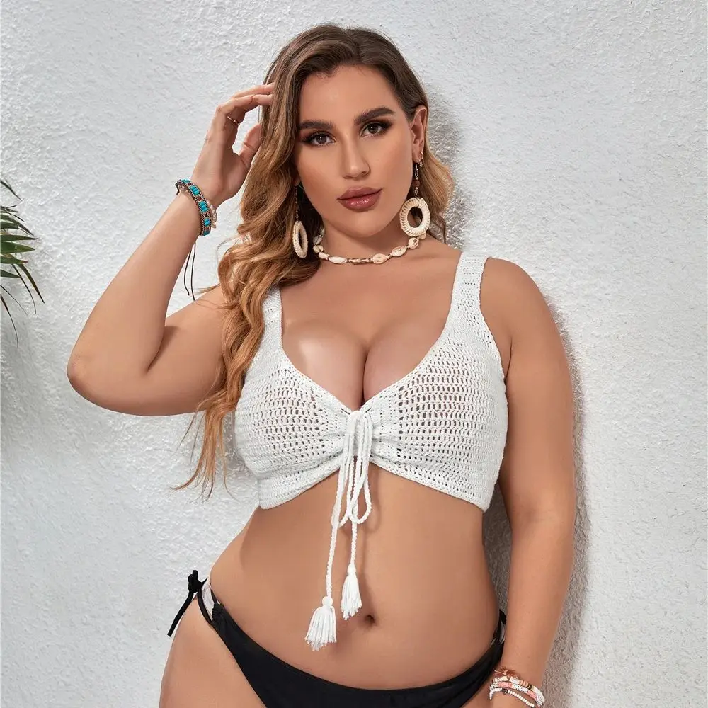 Plus Size Crochet Bikini Sets Multi Color Knitted Rainbow Striped Off Shoulder Top + Bottom Bikini Beachwear Beach Swimwear