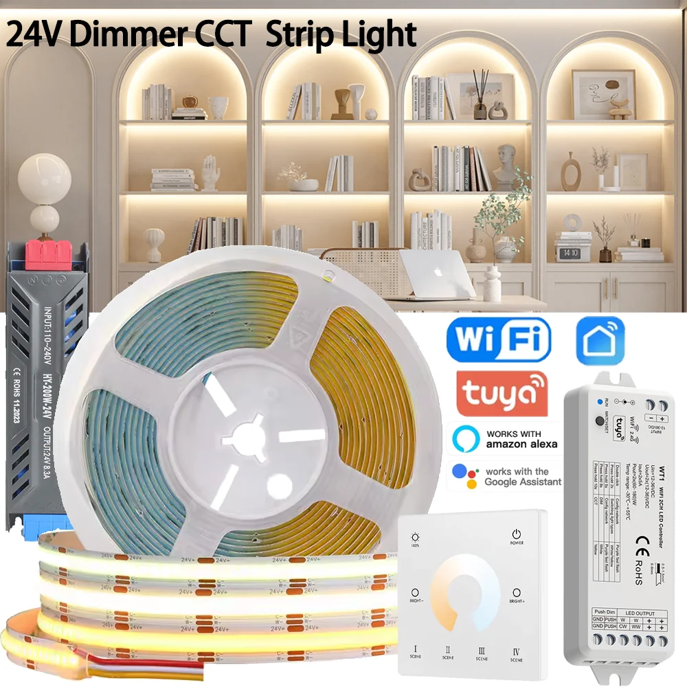 Tuya WiFi CCT COB LED Strip Light High Density 608 LEDs/m Dimmable FOB Led Tape Alexa Google Home Voice Control Smart Controller