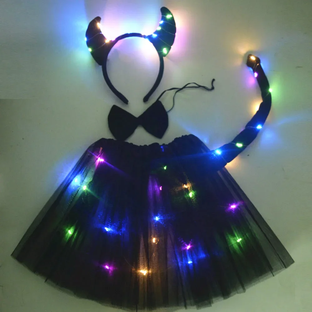 Dziewczęca spódniczka tutu z podświetleniem LED, zwierzęcy motyw żyrafy, diabła, demona, małpy, świecąca magiczna opaska na głowę, ogon, wiązanka, nakrycie głowy, Halloween, Navidad