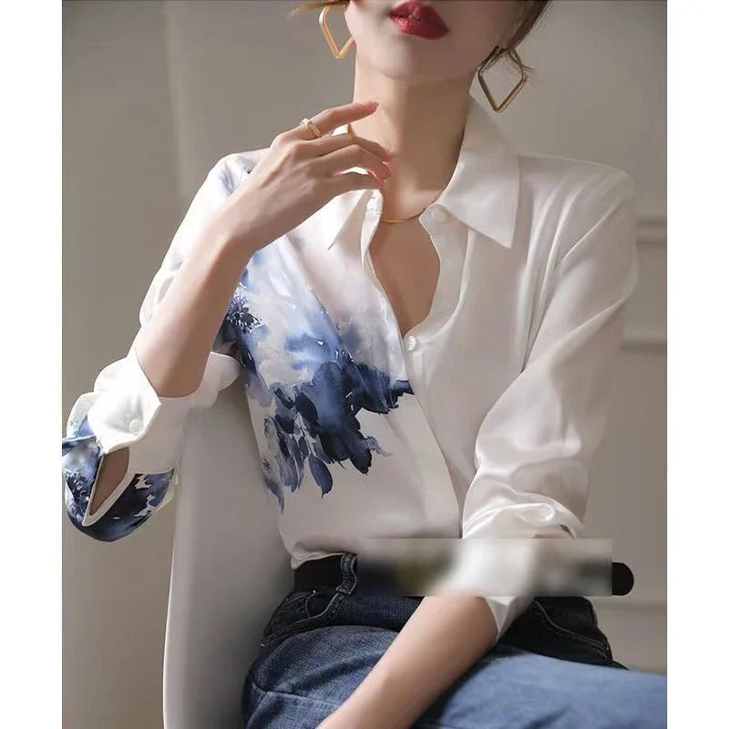 

Весенняя модная шифоновая рубашка-поло с градиентным принтом и цветными пуговицами, женская элегантная блузка с длинным рукавом, женская одежда P206