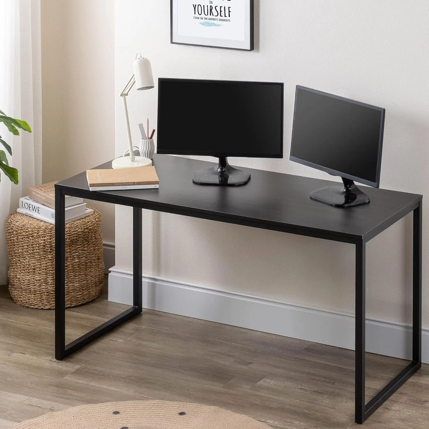 55 Inch Black Frame Desk, Computer Workstation, Office Desk, Easy Assembly, Deep Espresso （24